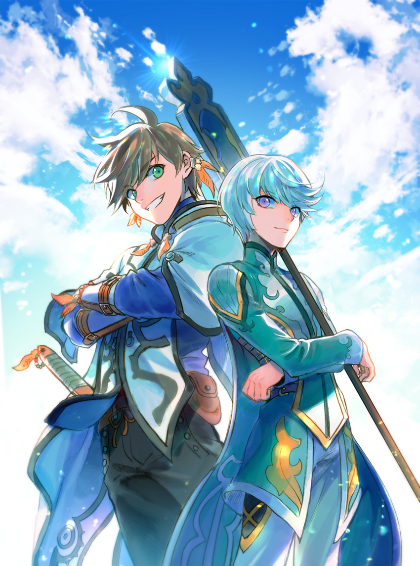 2boys ahoge back-to-back backlighting bae_(baebae) bead_bracelet beads blue_sky bracelet brown_hair brown_pants crossed_arms earrings feather_earrings feathers green_eyes grey_hair grin highres holding holding_staff jewelry light_particles looking_at_another male_focus mikleo_(tales) multiple_boys pants purple_eyes sheath sheathed short_hair sky smile sorey_(tales) sparkle staff standing swept_bangs tales_of_(series) tales_of_zestiria upper_body