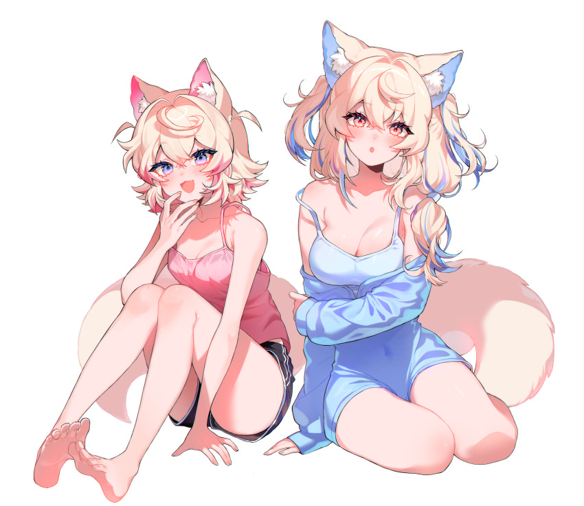 2girls absurdres animal_ears blonde_hair blue_eyes blue_hair blush breasts cleavage collarbone dog_ears dog_girl dog_tail fuwawa_abyssgard highres hololive hololive_english large_breasts long_hair looking_at_viewer mococo_abyssgard multiple_girls open_mouth pink_eyes pink_hair savi_(byakushimc) simple_background sitting small_breasts smile tail virtual_youtuber white_background