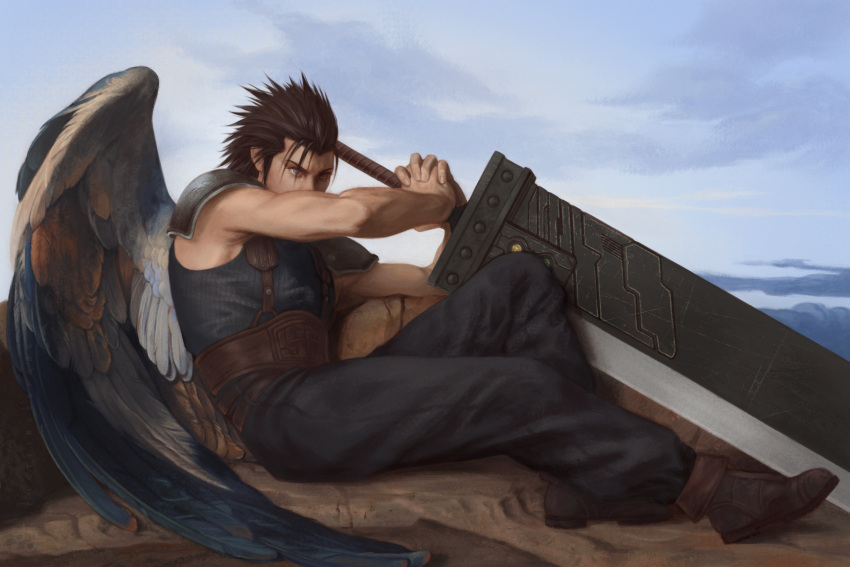 1boy armor baggy_pants bare_arms black_hair blue_eyes blue_sky boots brown_footwear buster_sword cloud cloudy_sky commentary crisis_core_final_fantasy_vii english_commentary fallen_angel fallen_angel_(painting) feathered_wings final_fantasy final_fantasy_vii final_fantasy_vii_remake full_body hair_slicked_back highres holding holding_sword holding_weapon huge_weapon knee_up male_focus materia outdoors pants shoulder_armor single_tear single_wing sitting sky sleeveless sleeveless_turtleneck solo spiked_hair suspenders sweater sword thatfirstspark turtleneck turtleneck_sweater weapon wings zack_fair