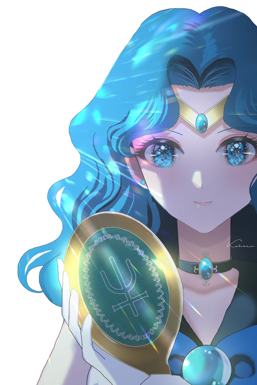 1girl absurdres aqua_choker aqua_eyes aqua_gemstone aqua_hair aqua_sailor_collar bishoujo_senshi_sailor_moon bow brooch choker circlet deep_aqua_mirror gloves highres jewelry kaiou_michiru koharumichi lips long_hair magical_girl sailor_collar sailor_neptune sailor_senshi sailor_senshi_uniform smile solo white_gloves