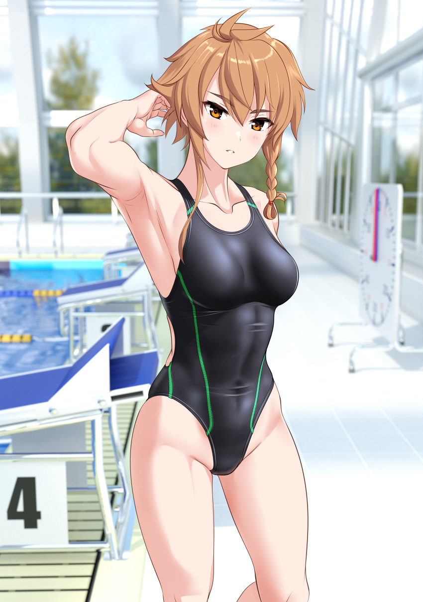 1girl absurdres asymmetrical_sidelocks black_one-piece_swimsuit braid breasts brown_eyes brown_hair commentary_request competition_swimsuit covered_navel cowboy_shot feet_out_of_frame groin hair_between_eyes highleg highleg_swimsuit highres indoors lane_line light_brown_hair medium_breasts one-piece_swimsuit parted_lips pool poolside shidou_maki_(toji_no_miko) short_hair short_hair_with_long_locks single_braid solo starting_block swimsuit takafumi toji_no_miko tomboy toned variant_set