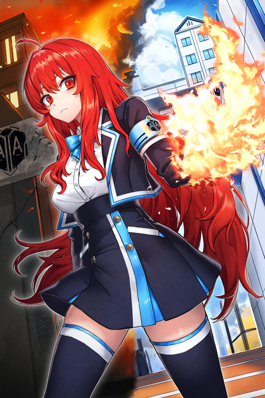 1girl ahoge armband blue_sky building burning burning_building cain_(gunnermul) closed_mouth cloud collared_jacket collared_shirt fire hair_between_eyes hand_up highres jacket long_hair looking_at_viewer neck_ribbon open_clothes open_jacket original pyrokinesis red_eyes red_hair ribbon school_uniform shirt skirt sky solo stairs thighhighs white_shirt zettai_ryouiki