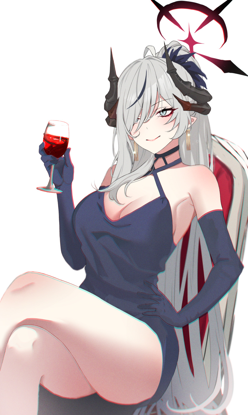 1girl absurdres alcohol bare_shoulders black_halo black_horns blue_archive blue_dress blue_eyes blue_gloves breasts crossed_legs cup demon_horns dress drinking_glass earrings elbow_gloves evening_gown gloves grey_hair hair_over_one_eye halo hand_on_own_hip higeji_(higeji404) highres holding holding_cup horns jewelry long_hair makoto_(blue_archive) makoto_(dress)_(blue_archive) multiple_horns official_alternate_costume ponytail red_wine sitting smile thighs very_long_hair white_background wine wine_glass