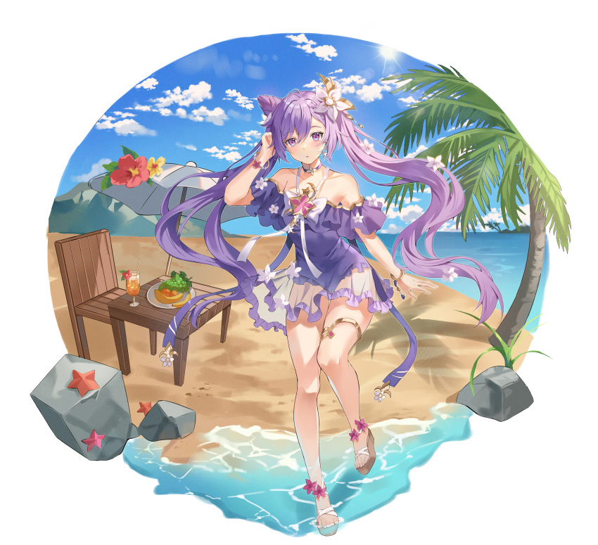 02bear20 1girl absurdres bare_shoulders beach blush bracelet choker collarbone cone_hair_bun floating_hair flower frilled_one-piece_swimsuit frills genshin_impact hair_between_eyes hair_bun hair_flower hair_ornament hand_in_own_hair hand_up highres jewelry keqing_(genshin_impact) off-shoulder_one-piece_swimsuit off_shoulder one-piece_swimsuit palm_tree purple_choker purple_eyes purple_hair purple_one-piece_swimsuit sandals sidelocks solo source_request swimsuit thigh_strap tree twintails veela wading