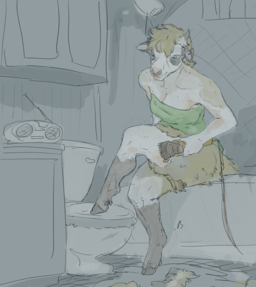 2020 anthro bathroom bathtub blue_eyes boots_(marking) bottomless bovid breasts caprine clothed clothing cloven_hooves electronics facial_piercing female fur hi_res hooves horn mammal nose_piercing nose_ring personal_grooming piercing priscillasheep radio ring_piercing shearing sheep sitting sketch sketch_background solo toilet wool_(fur)