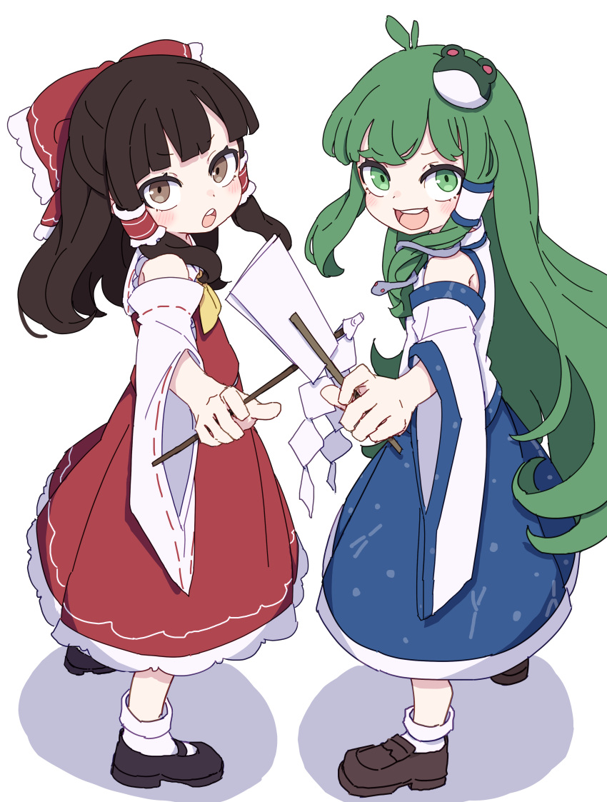 2girls absurdres ascot bow detached_sleeves frilled_bow frilled_hair_tubes frills frog_hair_ornament gohei green_eyes green_hair hair_bow hair_ornament hair_tubes hakurei_reimu highres kame_(kamepan44231) kochiya_sanae long_hair looking_at_viewer looking_to_the_side looking_up mary_janes multiple_girls nontraditional_miko open_mouth red_bow red_skirt ribbon-trimmed_sleeves ribbon_trim shoes single_hair_tube skirt skirt_set smile snake_hair_ornament socks touhou v-shaped_eyebrows yellow_ascot