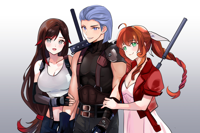 1boy 2girls absurdres black_hair blush couple final_fantasy final_fantasy_vii final_fantasy_vii_remake grey_eyes harem highres long_hair multiple_girls orange_hair penny_polendina red_hair ruby_rose rwby short_hair sky_lark