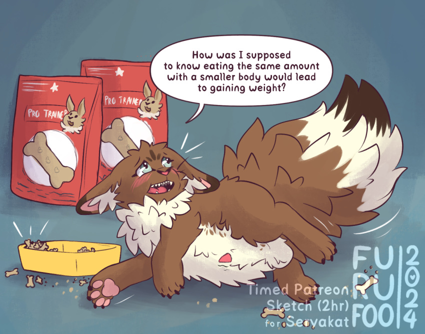 big_tail dialogue dog_food eevee fluffy food furufoo generation_1_pokemon genitals kibble lying nintendo overweight penis pet_food pokemon pokemon_(species) slightly_chubby tail weight_gain