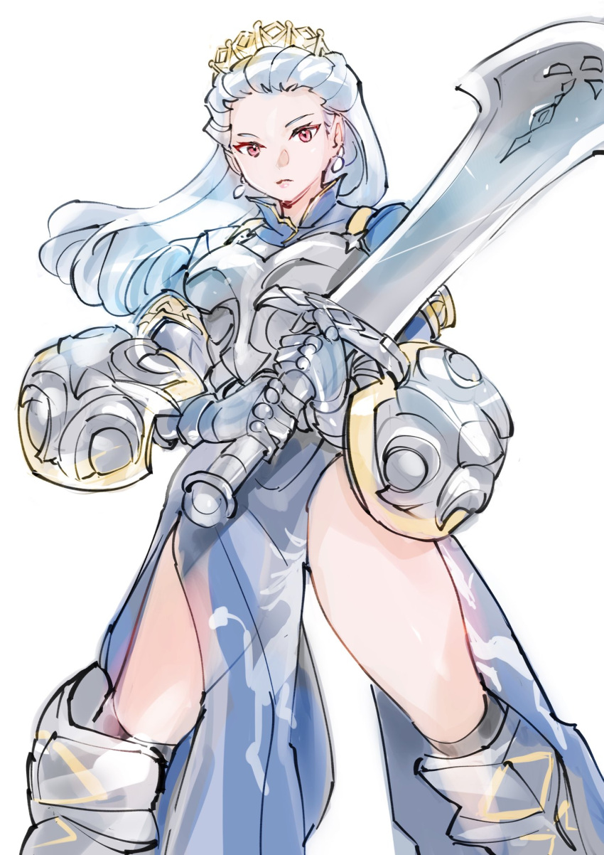1girl armor armored_boots armored_dress blue_hair boots breastplate crown earrings facing_viewer fighting_stance gauntlets highres holding holding_sword holding_weapon jewelry legs_apart long_hair looking_at_viewer red_eyes sketch solo standing sword thighs two-handed_sword ug333333 unicorn_overlord weapon white_background