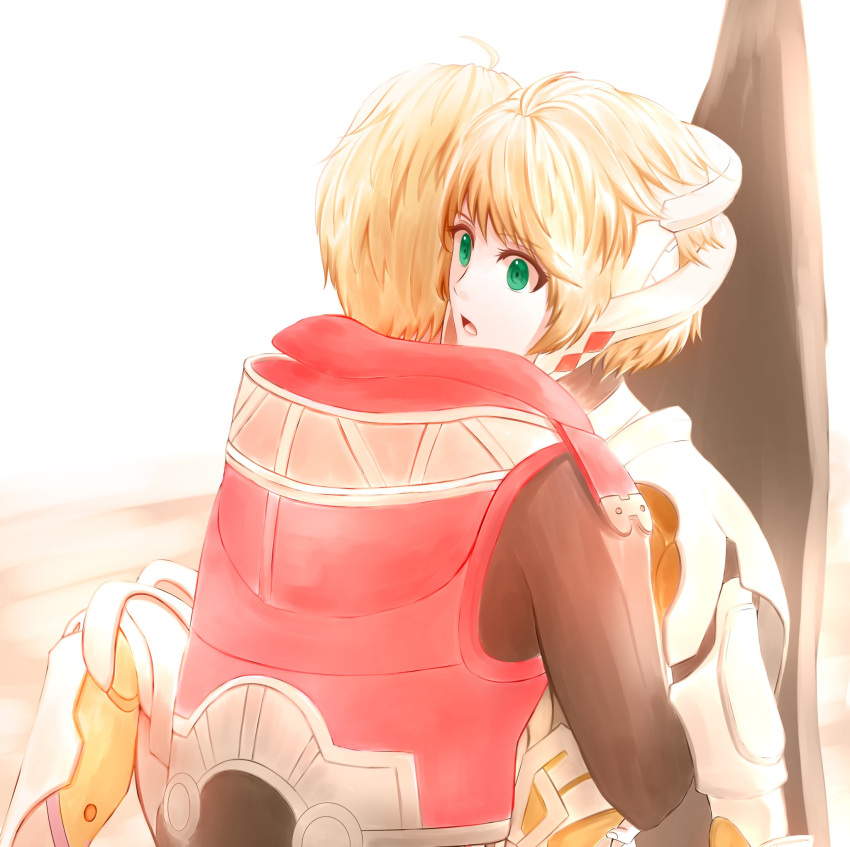 1boy 1girl blonde_hair cyborg green_eyes hetero highres hood hood_down mecha-fiorung mercury_xeno open_mouth short_hair shulk xenoblade_(series) xenoblade_1