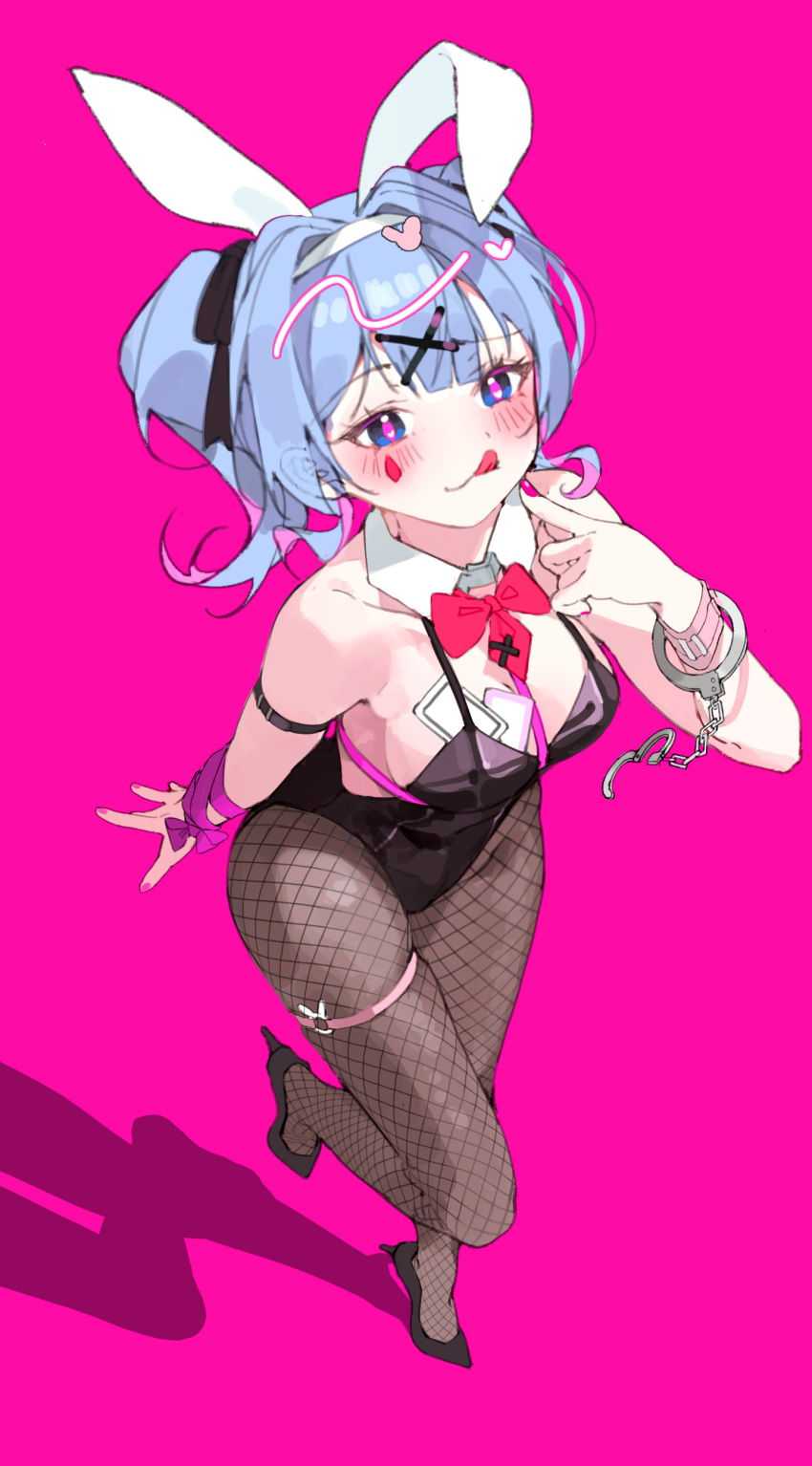 1girl :q absurdres animal_ears arm_at_side arm_strap between_breasts black_footwear black_leotard black_pantyhose blue_eyes blue_hair bow bowtie breasts broken_handcuffs card card_between_breasts closed_mouth detached_collar dot_nose fake_animal_ears finger_to_mouth fishnet_pantyhose fishnets foot_up from_above hair_ornament hatsune_miku high_heels highleg highleg_leotard highres large_breasts leotard looking_at_viewer nail_polish pantyhose patch_oxxo pink_background pink_nails pink_pupils playboy_bunny rabbit_ears rabbit_hole_(vocaloid) red_bow red_bowtie shadow short_twintails simple_background skindentation smile solo standing teardrop_facial_mark thigh_strap tongue tongue_out twintails vocaloid x_hair_ornament