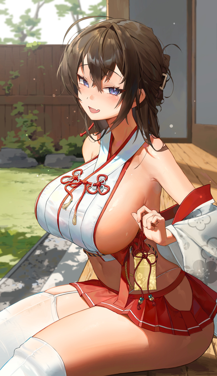 1girl absurdres ahoge armpits bare_shoulders blue_eyes bodiedwile breasts brown_hair commission crop_top day detached_sleeves fang garter_straps hair_between_eyes half_updo highres hip_vent japanese_clothes long_hair looking_at_viewer microskirt midriff miko miniskirt navel no_bra omamori open_mouth original outdoors panty_straps pleated_skirt red_skirt revealing_clothes see-through shirt sideboob sidelocks single_garter_strap sitting skindentation skirt sleeveless sleeveless_shirt smile solo spaghetti_strap stomach thighhighs thighs veranda white_shirt white_thighhighs wide_sleeves