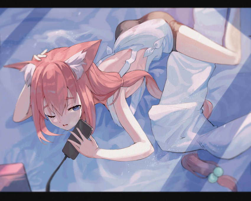 1girl absurdres animal_ears bare_shoulders bed bike_shorts blue_eyes cat_ears highres hinata_channel nekomiya_hinata phone pink_hair tmtl_aos virtual_youtuber