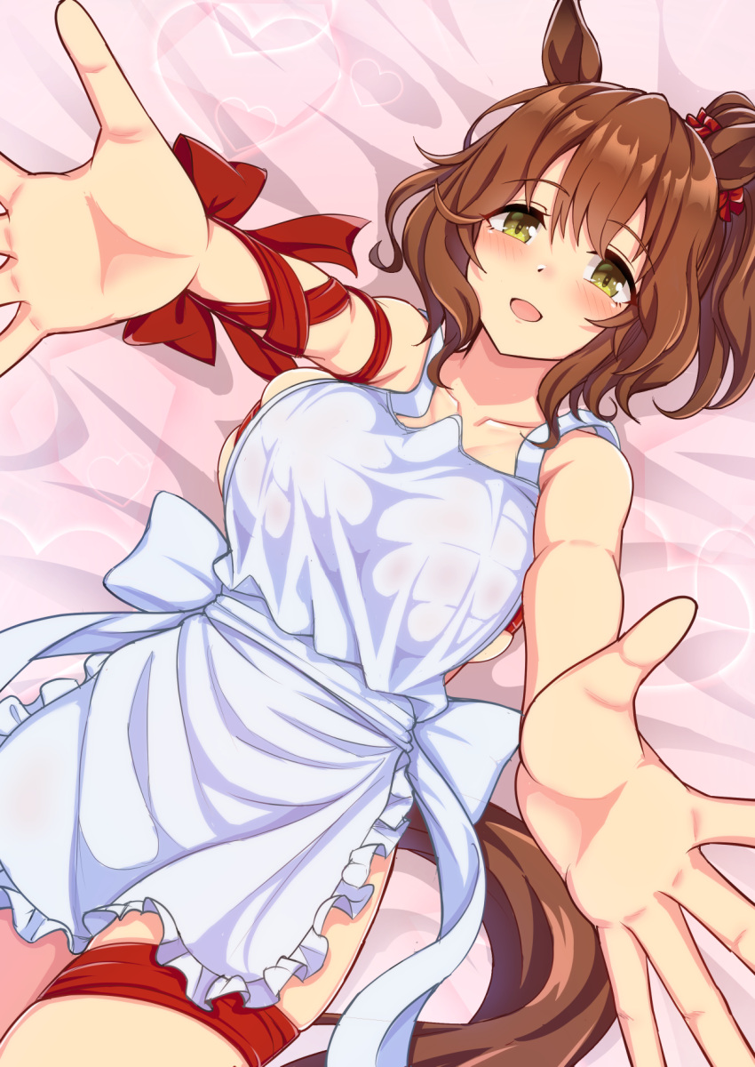 1girl animal_ears apron aston_machan_(umamusume) bare_shoulders blush breasts brown_hair collarbone frills hair_ornament hair_scrunchie highres horse_ears horse_girl horse_tail large_breasts lying nearly_naked_apron on_back on_bed open_mouth outstretched_arms red_ribbon ribbon scrunchie side_ponytail smile tail umamusume valentine yellow_eyes zenrakishi