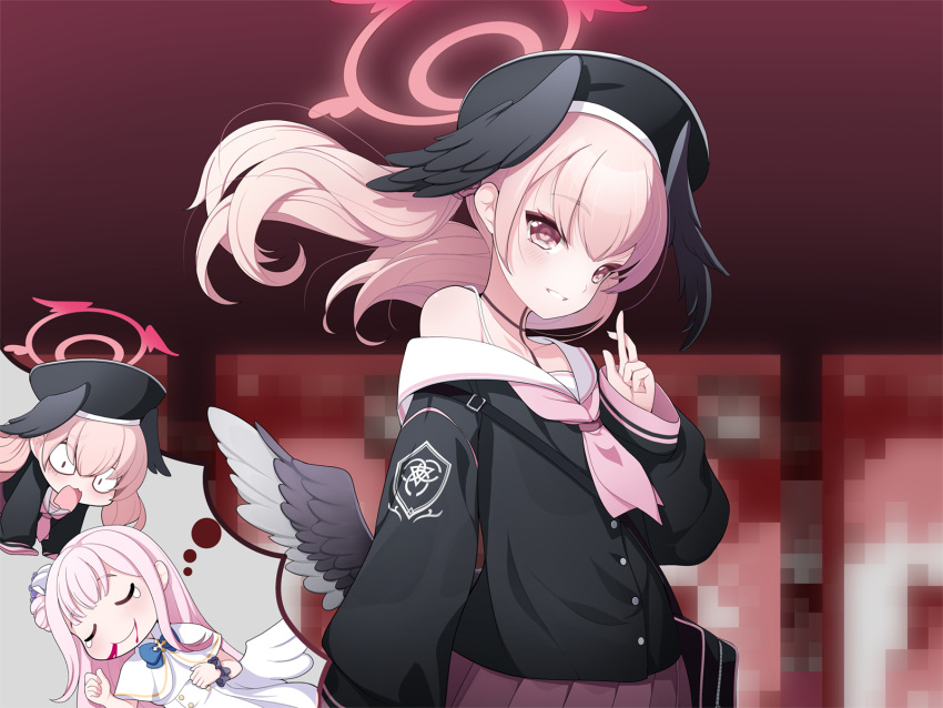 &lt;|&gt;_&lt;|&gt; 2girls bag black_headwear black_serafuku black_wings blood blood_from_mouth blue_archive censored chibi closed_eyes collarbone crossed_fingers feathered_wings floating_hair halo hand_up head_wings highres imagining koflif koharu_(blue_archive) long_sleeves looking_at_viewer low_wings mika_(blue_archive) mosaic_censoring multiple_girls neckerchief off_shoulder parted_lips pink_eyes pink_hair pink_halo pink_neckerchief pink_skirt pleated_skirt sailor_collar school_bag school_uniform serafuku single_bare_shoulder skirt smile teardrop thought_bubble twintails wings