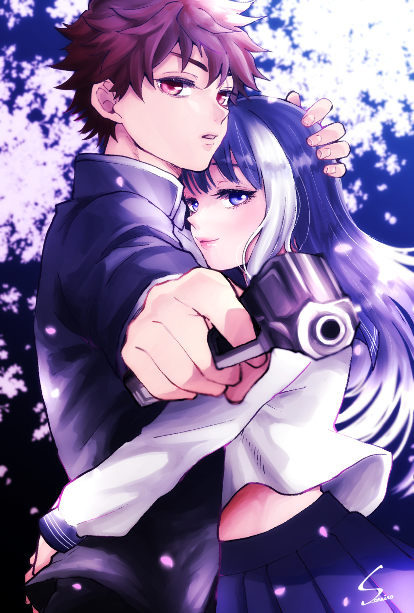 1boy 1girl asano_taiyo blue_eyes blue_hair couple eyelashes gun height_difference hetero highres holding holding_gun holding_weapon hug multicolored_hair protecting red_eyes red_hair scar school_uniform signature sky_blue_025250 streaked_hair weapon yozakura-san_chi_no_daisakusen yozakura_mutsumi