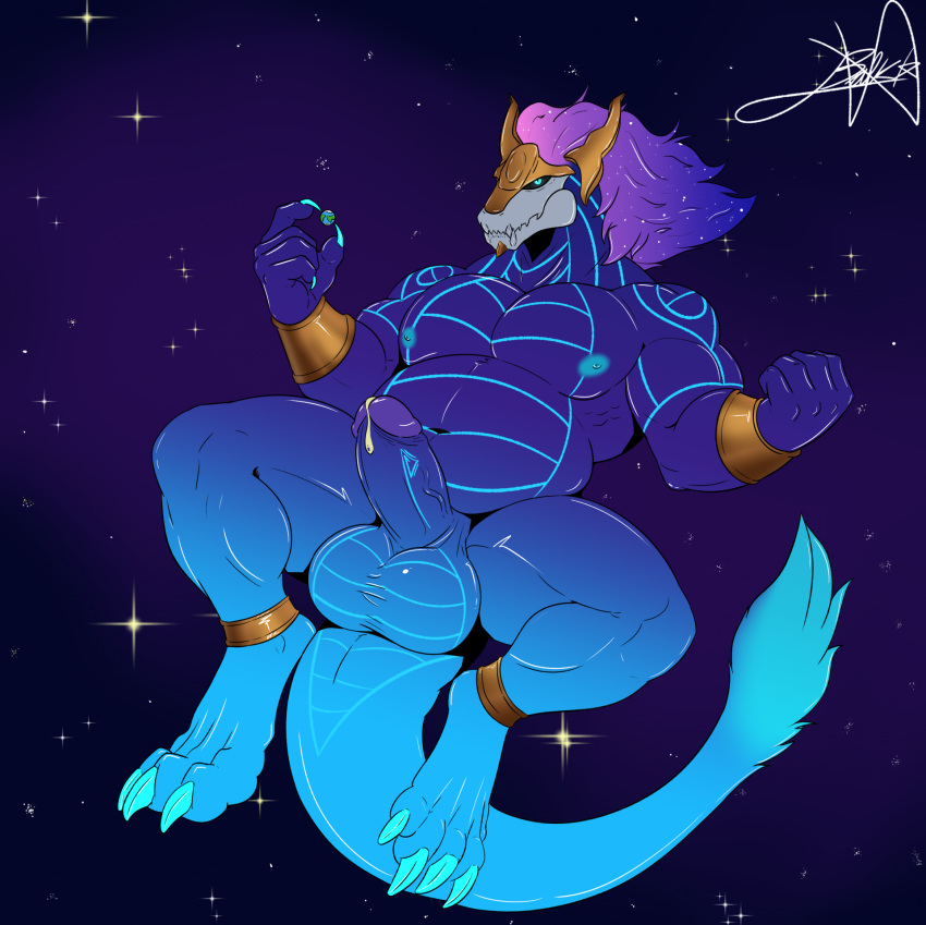 anthro artist_name asian_mythology aurelion_sol_(lol) balls barazoku belly biceps blue_body bodily_fluids chiki123 digital_media_(artwork) dragon eastern_dragon erection flexing flexing_bicep flexing_both_biceps genital_fluids genitals hair hi_res humanoid_genitalia humanoid_penis league_of_legends looking_at_viewer male musclegut muscular muscular_anthro muscular_male muscular_thighs mythological_creature mythological_scalie mythology nipples nude pecs penis riot_games scalie simple_background solo space star tail triceps