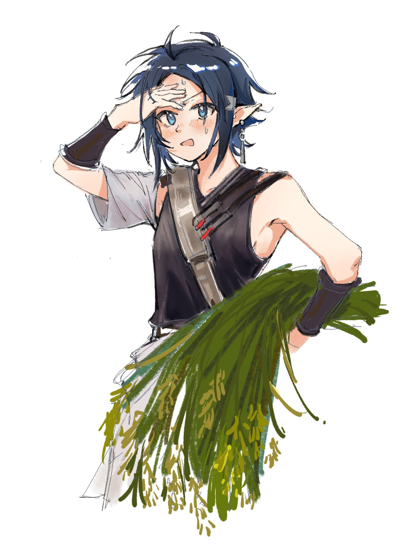 1boy arknights arm_up armpits bare_shoulders black_shirt blue_eyes blush chinese_commentary commentary_request earrings grey_hair hand_on_own_forehead highres holding holding_plant japanese_clothes jewelry looking_at_viewer male_focus messy_hair open_mouth plant pointy_ears sheaf shirt short_hair simple_background sketch sleeveless sleeveless_shirt solo standing sweat wa_tian_(jtym4) wheat white_background wiping_sweat zuo_le_(arknights)