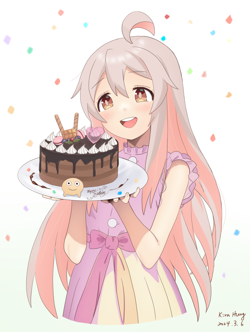 1girl absurdres ahoge artist_name c: cake chocolate_cake confetti dated food genderswap genderswap_(mtf) happy_birthday highres holding holding_cake holding_food jacky-8096 long_hair onii-chan_wa_oshimai! open_mouth orange_eyes oyama_mahiro pink_hair sleeveless smile solo