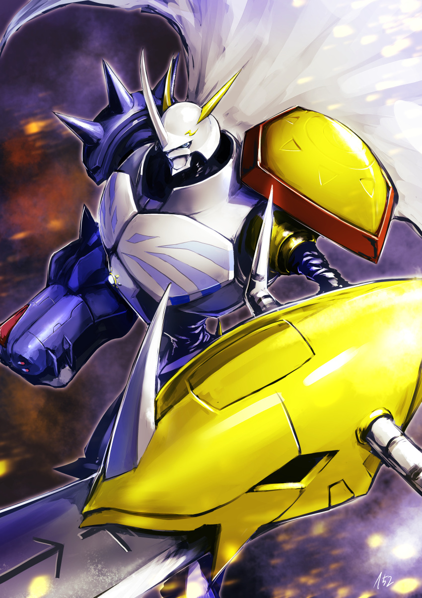 152_in_can absurdres arm_blade armor blue_eyes cape commentary_request digimoji digimon highres horns looking_at_viewer mecha no_humans omegamon robot shield shoulder_armor signature spikes sword upper_body weapon white_cape