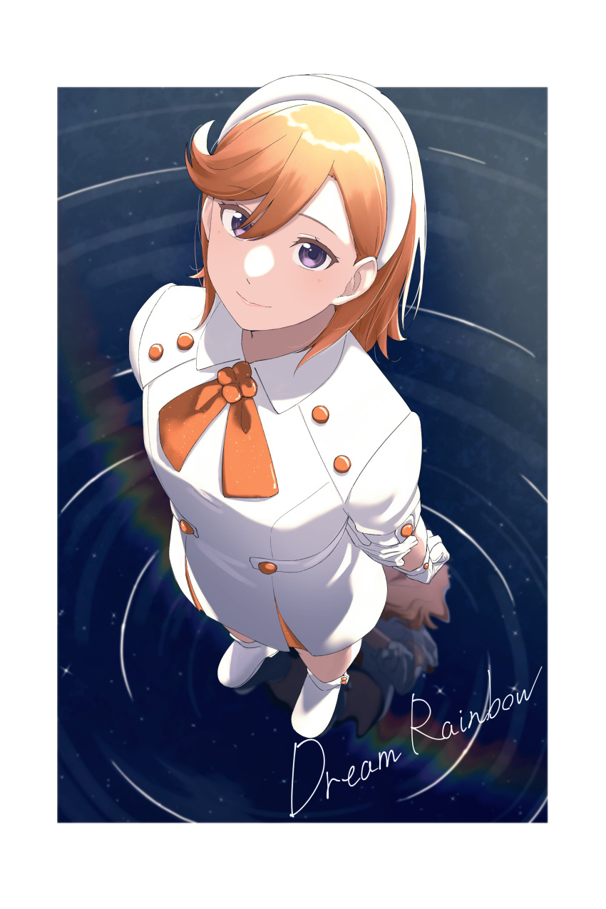 1girl absurdres border bow commentary_request dress english_text from_above hairband highres looking_at_viewer love_live! love_live!_superstar!! medium_hair orange_bow orange_eyes outside_border purple_eyes s_sho_mkrn shibuya_kanon solo standing standing_on_liquid white_border white_dress white_footwear white_hairband wish_song_(love_live!)