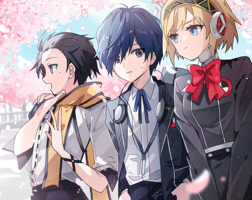 1girl 2boys :t aegis_(persona) bag black_hair black_jacket black_pants blonde_hair blue_eyes blue_hair blue_ribbon bow bowtie cherry_blossoms collared_shirt digital_media_player falling_petals gekkoukan_high_school_uniform hair_over_one_eye hair_slicked_back headphones headphones_around_neck holding holding_bag jacket long_sleeves looking_at_another mochizuki_ryouji mole mole_under_mouth multiple_boys neck_ribbon open_clothes open_jacket open_mouth outdoors pants persona persona_3 petals pout red_bow ribbon robot_ears satorigame scarf school_uniform shirt short_hair smile sweat tree v_arms walking white_shirt wing_collar yellow_scarf yuuki_makoto_(persona_3)