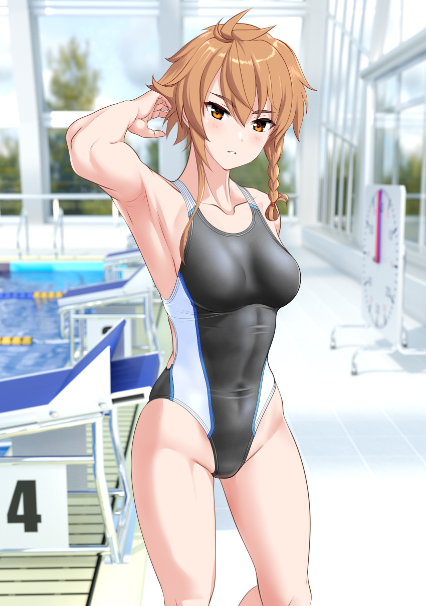 1girl absurdres asymmetrical_sidelocks black_one-piece_swimsuit braid breasts brown_eyes brown_hair commentary_request competition_swimsuit covered_navel cowboy_shot feet_out_of_frame groin hair_between_eyes highleg highleg_swimsuit highres indoors lane_line light_brown_hair medium_breasts one-piece_swimsuit parted_lips pool poolside shidou_maki_(toji_no_miko) short_hair short_hair_with_long_locks single_braid solo starting_block swimsuit takafumi toji_no_miko tomboy toned two-tone_swimsuit variant_set