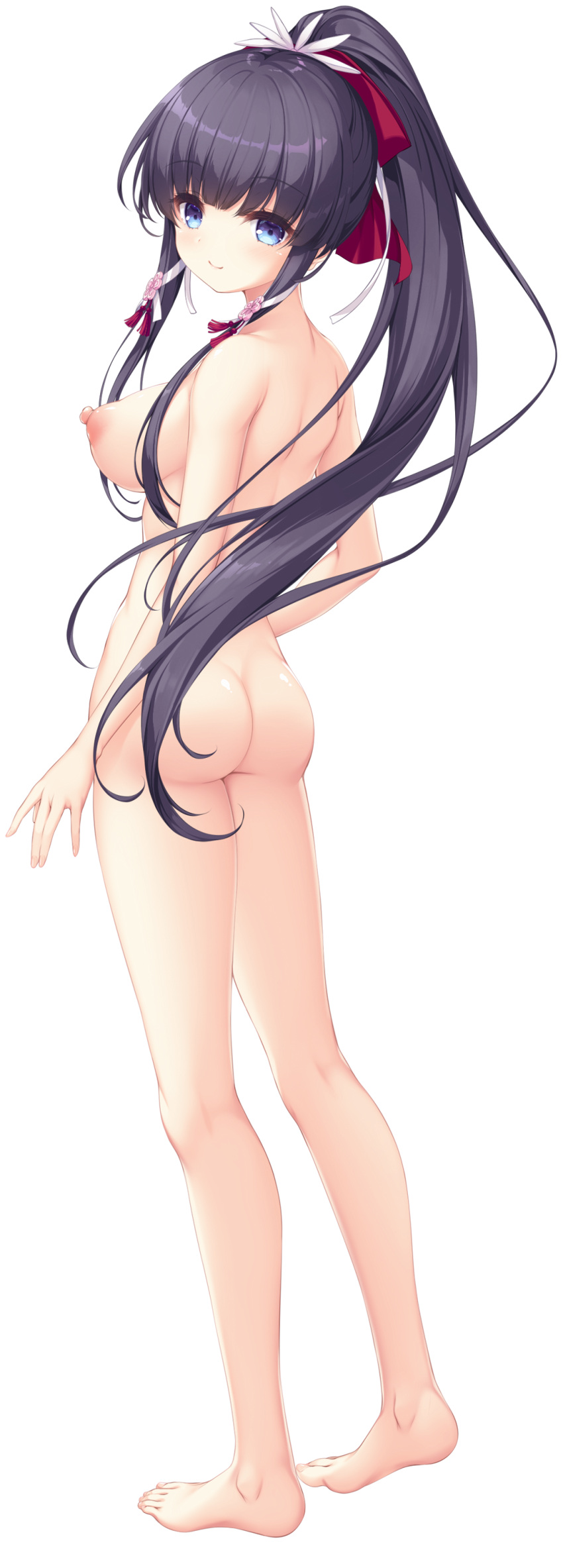 1girl absurdres ass ayazuki_haruka barefoot black_hair blue_eyes breasts completely_nude full_body hair_ribbon hajimeru_sekai_no_risouron high_ponytail highres large_breasts long_hair looking_at_viewer mikagami_mamizu nipples non-web_source nude official_art photoshop_(medium) ribbon sidelocks smile solo standing tachi-e transparent_background very_long_hair
