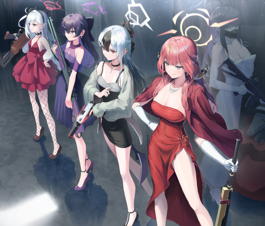 5girls aru_(blue_archive) aru_(dress)_(blue_archive) bare_shoulders black_bow black_dress black_footwear black_hair black_horns blue_archive blue_hair blue_halo bow brown_jacket closed_mouth coat coat_on_shoulders commentary_request demon_girl demon_horns dress dress_bow full_body grey_halo gun halo hand_on_own_hip haruka_(blue_archive) haruka_(dress)_(blue_archive) high_heels highres holding holding_gun holding_weapon horns indoors jacket kayoko_(blue_archive) kayoko_(dress)_(blue_archive) looking_ahead mask mouth_mask multicolored_hair multiple_girls mutsuki_(blue_archive) mutsuki_(dress)_(blue_archive) official_alternate_costume open_clothes open_jacket pi_(p77777778) ponytail problem_solver_68_(blue_archive) purple_eyes purple_hair purple_halo red_coat red_dress red_footwear red_hair red_halo saori_(blue_archive) saori_(dress)_(blue_archive) smile standing strapless strapless_dress streaked_hair v-shaped_eyebrows waist_bow weapon white_dress white_hair