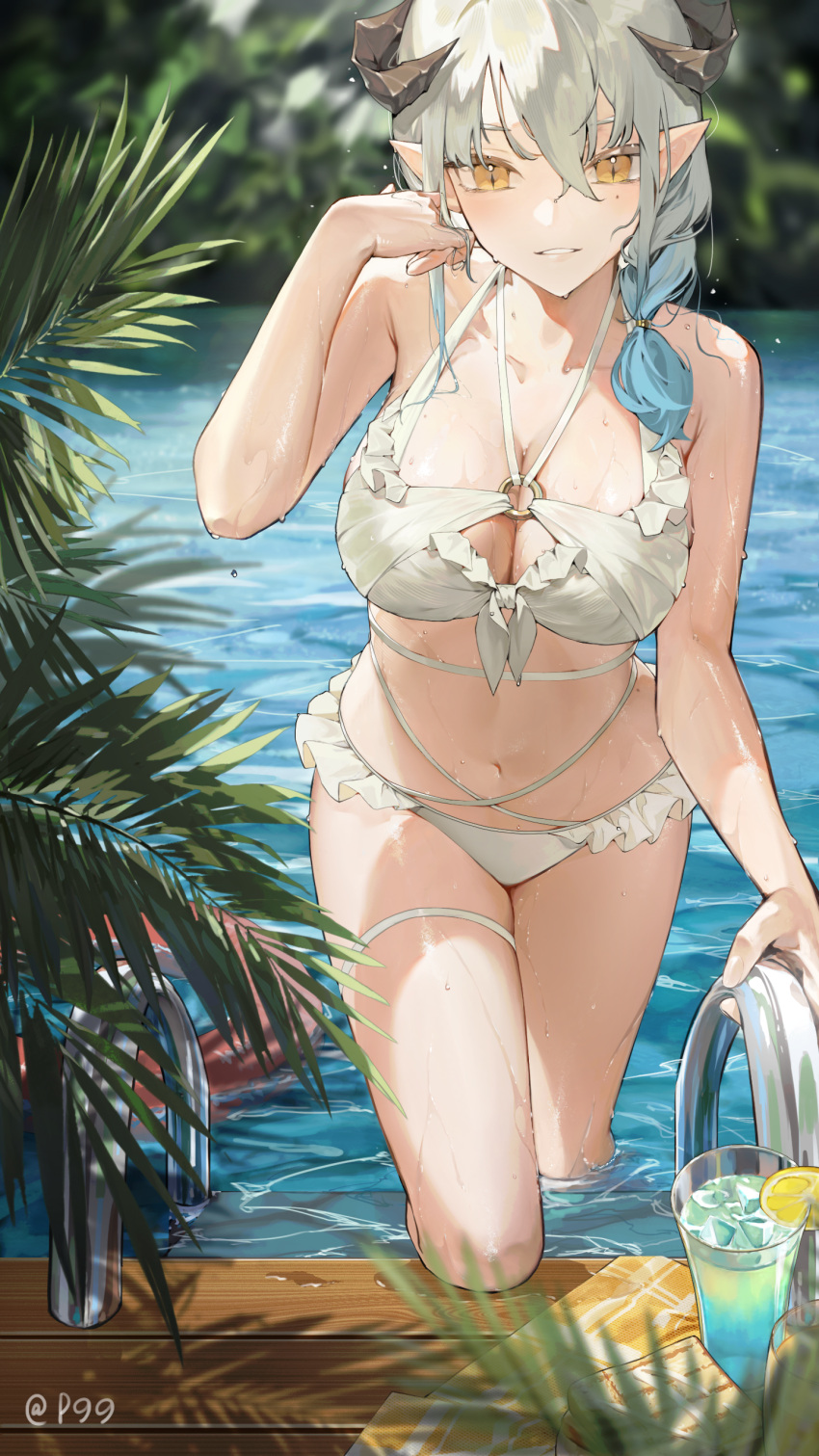 1girl 1shtar absurdres bare_arms bare_shoulders beach bikini blush breasts cleavage collarbone cowboy_shot cup day demon_horns drink frills hair_between_eyes halterneck hand_on_own_face highres holding horns innertube large_breasts long_hair looking_at_viewer multi-strapped_bikini_bottom multiple_horns navel o-ring o-ring_bikini original outdoors palm_tree parted_lips pointy_ears pool pool_ladder poolside smile solo stomach swim_ring swimsuit thighs tree very_long_hair wading water wet white_bikini yellow_eyes