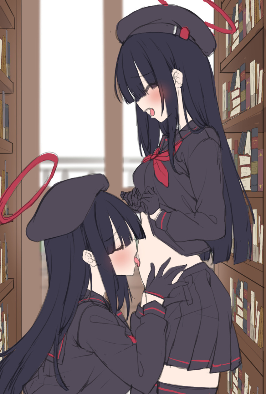2girls black_gloves black_hair black_headwear black_shirt black_skirt black_thighhighs blue_archive blush book bookshelf closed_eyes clothes_lift commentary_request from_side gloves hair_over_eyes halo hands_on_another's_stomach hat highres indoors justice_task_force_member_(blue_archive) library licking licking_navel lifted_by_self long_hair moaning multiple_girls navel open_mouth pleated_skirt red_halo school_uniform serafuku shirokuma_a shirt shirt_lift skirt stomach thighhighs tongue tongue_out yuri