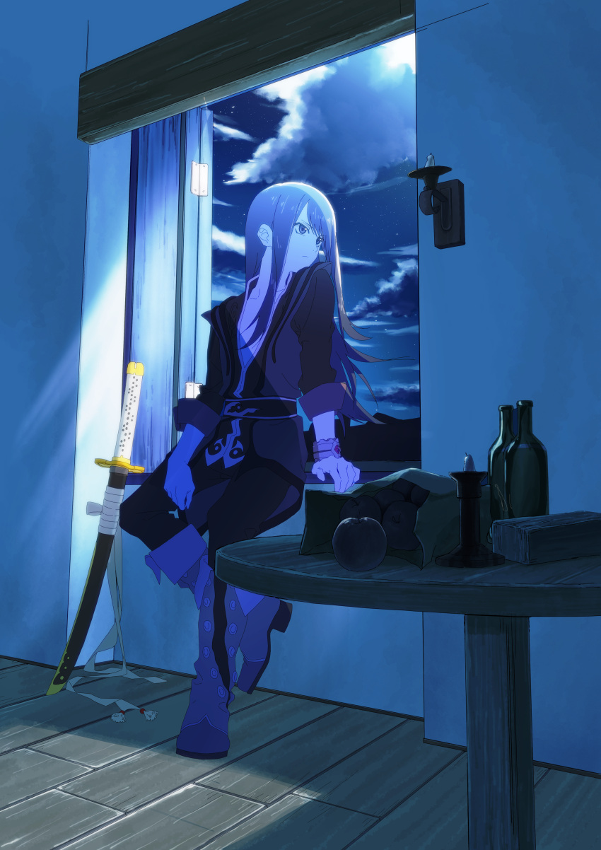 1boy absurdres against_window androgynous apple arm_support bag boots bottle bracelet cloud food fruit full_body highres indoors jewelry knee_boots long_hair looking_outside male_focus moonlight night night_sky pants paper_bag purple_eyes purple_hair scabbard sheath sky soko05 solo table tales_of_(series) tales_of_vesperia tunic windowsill wooden_table yuri_lowell