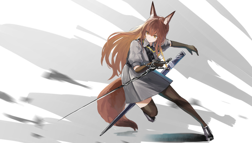 1girl animal_ear_fluff animal_ears arknights black_footwear brown_gloves brown_hair brown_tail brown_thighhighs closed_mouth collared_shirt dodging elbow_gloves expressionless fox_ears fox_girl fox_tail franka_(arknights) full_body gloves grey_background grey_shirt grey_skirt hair_between_eyes highres holding holding_sword holding_weapon jumping lanyard long_hair looking_to_the_side puffy_short_sleeves puffy_sleeves rapier scabbard sentou_kouhei_kitsune sheath shirt shoes short_sleeves sketch_background skirt skirt_set solo strap sword tail thighhighs unsheathed weapon white_background yellow_eyes