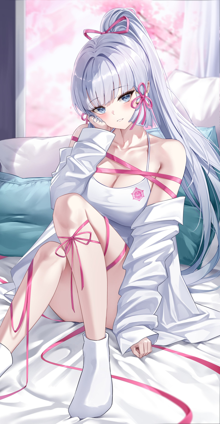 1girl absurdres alternate_costume bare_shoulders bed_sheet blue_eyes blue_hair breasts camisole cleavage collarbone commentary genshin_impact highres indoors kamisato_ayaka knees_up large_breasts light_blue_hair looking_at_viewer lunacle mole mole_under_eye off_shoulder on_bed open_clothes open_shirt pink_ribbon ponytail ribbon shirt sleeves_past_wrists smile socks solo symbol-only_commentary white_camisole white_shirt white_socks