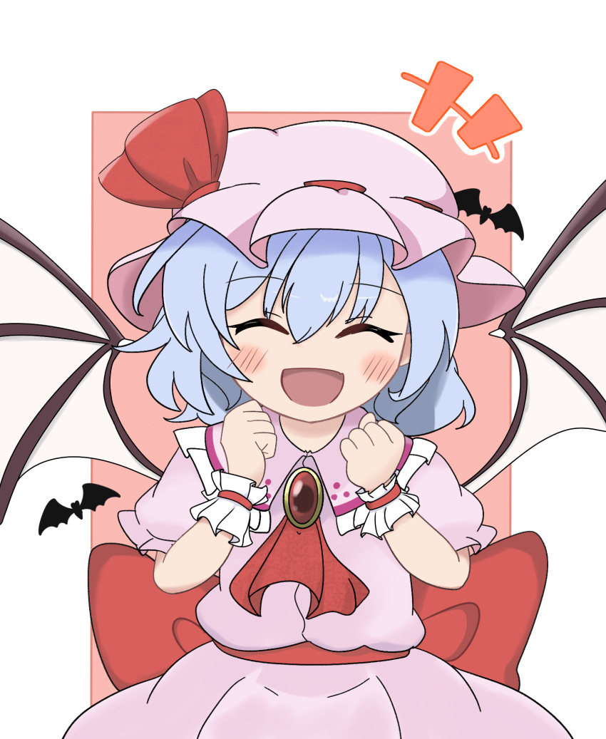 1girl ascot bat_(animal) bat_wings blue_hair blush bow brooch clenched_hands closed_eyes commentary_request hat hat_ribbon highres jewelry medium_hair mob_cap open_mouth pink_headwear puffy_short_sleeves puffy_sleeves purabird0370 red_ascot red_bow red_brooch remilia_scarlet ribbon short_sleeves smile solo touhou waist_bow wings wrist_cuffs