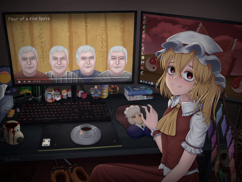 1girl 4boys absurdres at_computer book breast_mousepad call_of_duty call_of_duty:_modern_warfare_2 chainsaw_man cosplay cup doom_(series) drawing_tablet engineer_(tf2) english_text figure flandre_scarlet flandre_scarlet_(cosplay) four_of_a_kind_(touhou) gennady_gorin gromit grummsed hakurei_reimu highres izayoi_sakuya keyboard_(computer) long_john_silver looking_at_viewer looking_back manga_(object) marlboro mob_psycho_100 monitor monster_energy mouse_(computer) mousepad_(object) mug multiple_boys pochita_(chainsaw_man) postal_(game) quake_3_arena real_life reigen_arataka russian_text serious_sam shoujo_shuumatsu_ryokou slippers solo super_meat_boy tea teacup team_fortress_2 terraria the_binding_of_isaac touhou treasure_island_(1988) ultrakill wallace_and_gromit youtube yuuri_(shoujo_shuumatsu_ryokou)