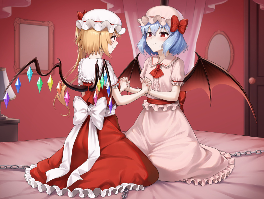 2girls absurdres ascot bat_wings bed bedroom blonde_hair blue_hair bow chain closed_mouth commentary_request commission desk_lamp dress flandre_scarlet frilled_dress frills hat hat_bow hat_ribbon henria highres holding_hands indoors interlocked_fingers lamp looking_at_another mob_cap multiple_girls on_bed pink_dress pink_headwear puffy_short_sleeves puffy_sleeves red_ascot red_bow red_eyes remilia_scarlet ribbon short_hair short_sleeves siblings side_ponytail sisters sitting skeb_commission smile touhou white_headwear wings