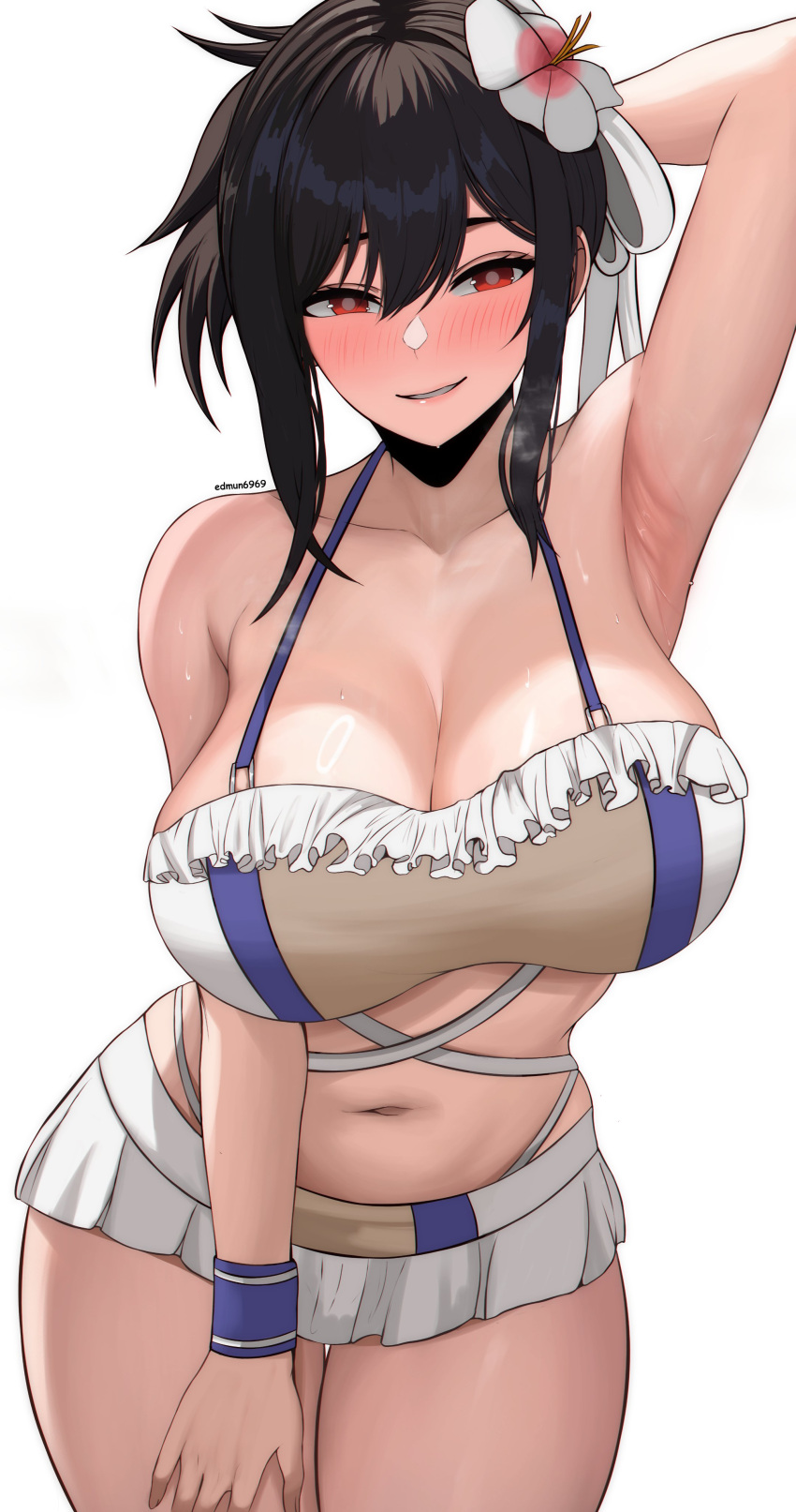1girl absurdres arm_behind_head arm_up armpits bare_legs bikini black_hair blush breasts cleavage criss-cross_straps edmun6969 final_fantasy final_fantasy_vii final_fantasy_vii_rebirth final_fantasy_vii_remake highres large_breasts leaning_forward looking_at_viewer microskirt midriff navel red_eyes sidelocks simple_background skirt solo steam swimsuit thighs tifa_lockhart white_background