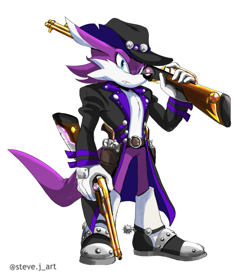 anthro canid canine canis clothing coat cowboy_hat dipodid fan_character fang_the_hunter gun hat headgear headwear hi_res hybrid jerboa male mammal purple_body ranged_weapon rifle rodent sega solo sonic_the_hedgehog_(comics) sonic_the_hedgehog_(series) steve.j_art topwear trenchcoat weapon wolf
