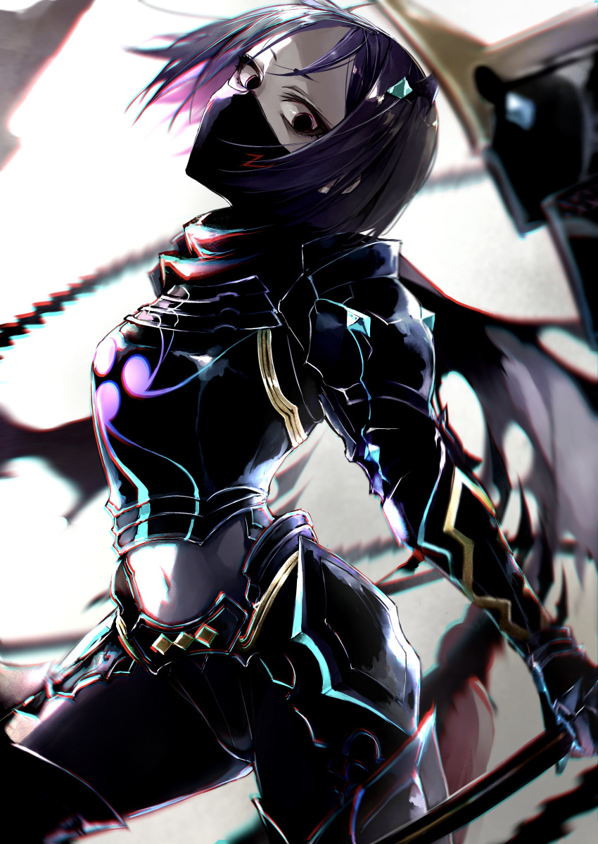 1girl absurdres armor black_armor black_eyes black_scarf breastplate covered_navel cowboy_shot fate/grand_order fate/samurai_remnant fate_(series) faulds gauntlets highres holding holding_sword holding_weapon horn_hair_ornament japanese_armor katana kino_kokko looking_at_viewer looking_to_the_side mask mouth_mask parted_bangs pauldrons purple_hair scarf short_hair shoulder_armor solo sword tomoe_(symbol) torn_clothes torn_scarf ushi_gozen_(avenger)_(fate) ushi_gozen_(avenger)_(second_ascension)_(fate) ushi_gozen_(fate) weapon