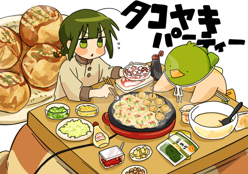 1girl bird blush_stickers chopsticks cooking duck food fuu_(ozu_(oz_yarimasu)) green_eyes green_hair guu_(ozu_(oz_yarimasu)) hair_bobbles hair_ornament highres kotatsu original ozu_(oz_yarimasu) table takoyaki translated