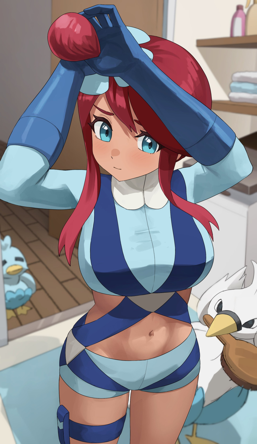 1girl absurdres blue_eyes blue_gloves blush breasts crop_top gloves hair_ornament highres large_breasts long_hair looking_at_viewer midriff navel one_side_up pearlbbbb pokemon pokemon_bw red_hair short_shorts shorts sidelocks skyla_(pokemon) solo