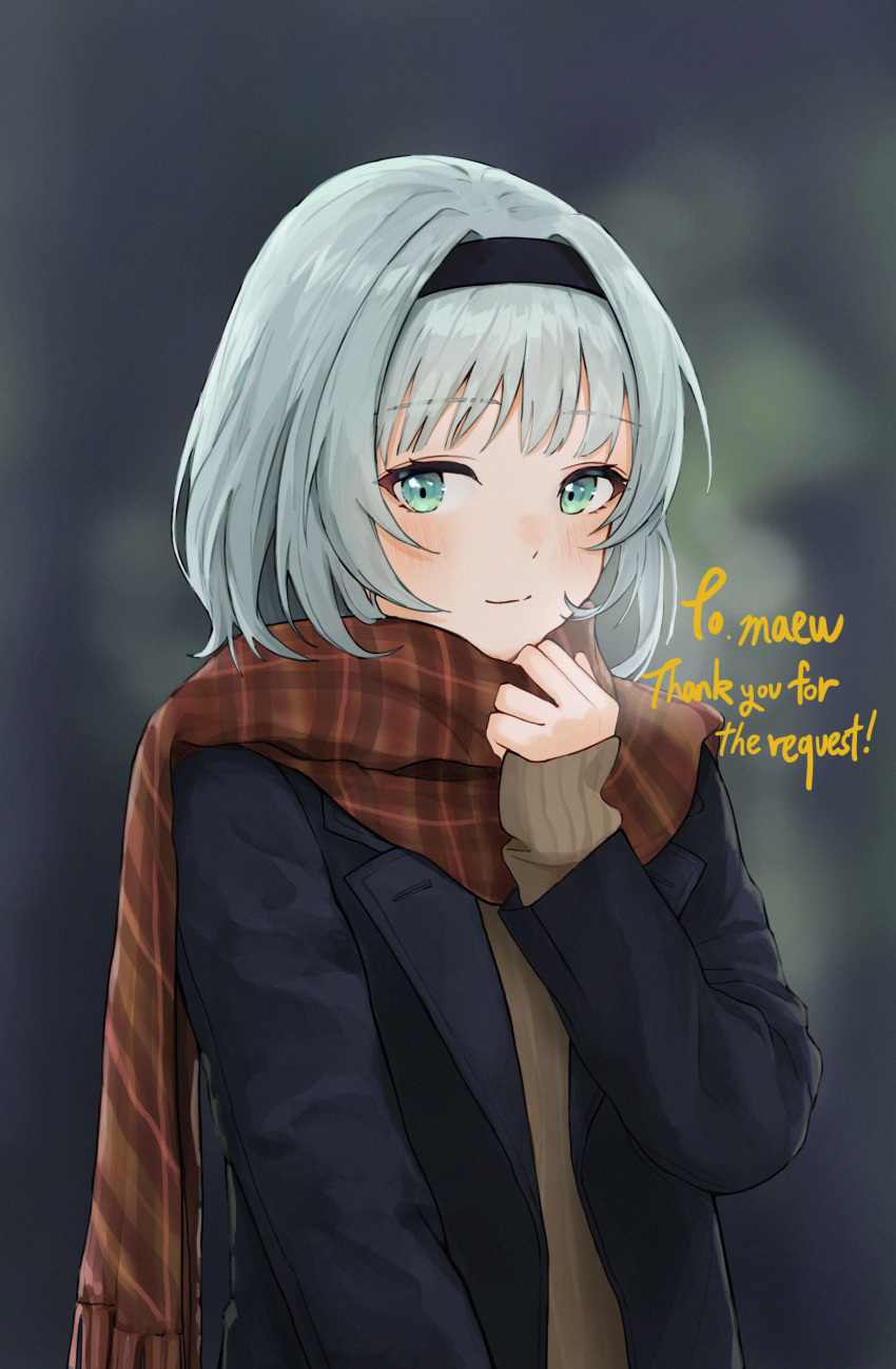 1girl alternate_costume black_hairband black_jacket brown_sweater commission english_commentary flat_chest green_eyes grey_hair hairband highres jacket kamishiro_rita looking_at_viewer looking_to_the_side non09_24 plaid plaid_scarf prism_project red_scarf scarf short_hair skeb_commission sleeves_past_wrists smile solo sweater upper_body