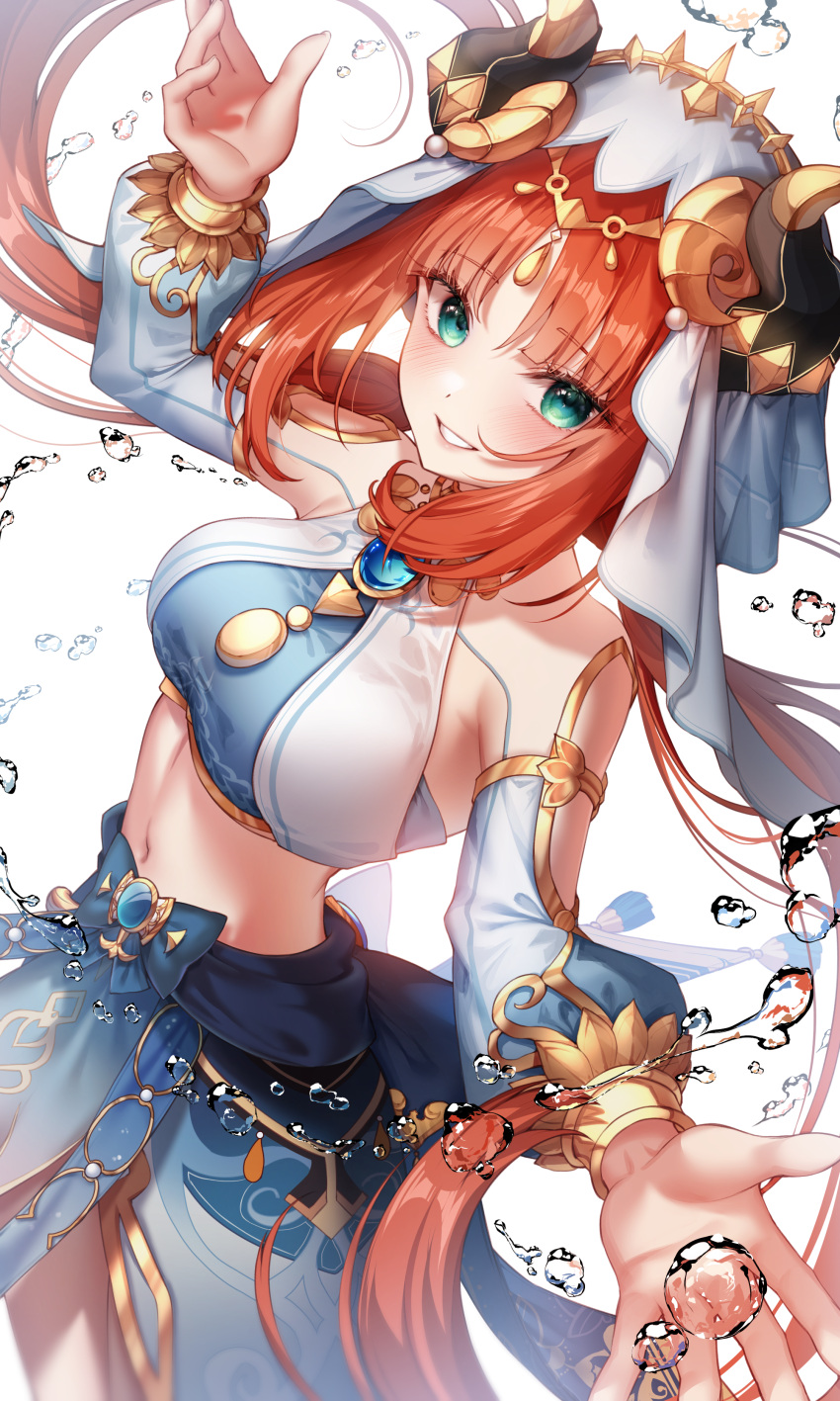 1girl absurdres arms_up blue_gemstone blue_skirt bracer breasts circlet clenched_teeth commentary cowboy_shot daji fake_horns floating_hair gem genshin_impact green_eyes hands_up harem_outfit highres horns hydrokinesis long_sleeves looking_at_viewer low_twintails medium_breasts navel nilou_(genshin_impact) open_mouth parted_bangs puffy_long_sleeves puffy_sleeves red_hair sidelocks simple_background skirt smile solo stomach teeth twintails veil water white_background white_headdress white_veil