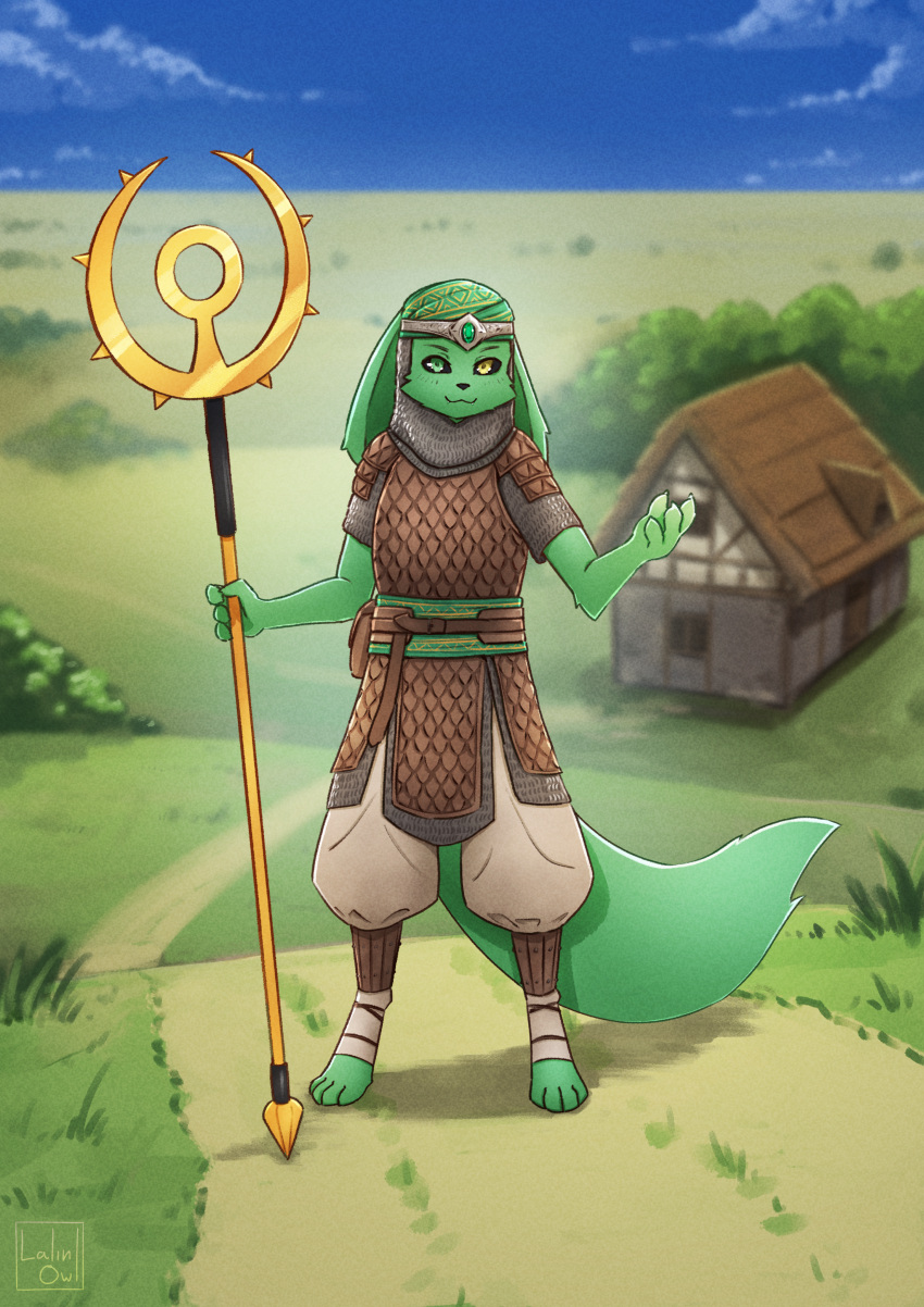 absurd_res adult_male anthro armor canid canine cobalt_(cobalt_the_phalanx) fur green_body green_fur happy heterochromia hi_res lalinowl male mammal scepter solo