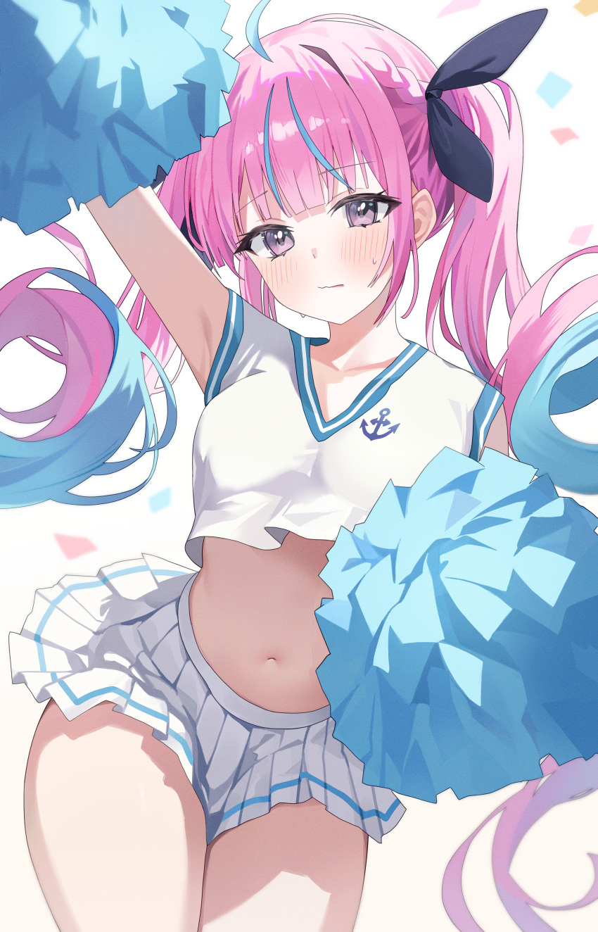 1girl absurdres ahoge alternate_costume anchor_print arm_up black_ribbon blue_hair blush breasts cheerleader closed_mouth colored_inner_hair commentary_request confetti cropped_shirt hair_ribbon highres holding holding_pom_poms hololive long_hair looking_at_viewer medium_breasts midriff minato_aqua miniskirt multicolored_hair navel nel_dcm pink_eyes pink_hair pleated_skirt pom_pom_(cheerleading) ribbon shirt skirt sleeveless sleeveless_shirt solo stomach streaked_hair thighs twintails two-tone_hair virtual_youtuber white_shirt white_skirt