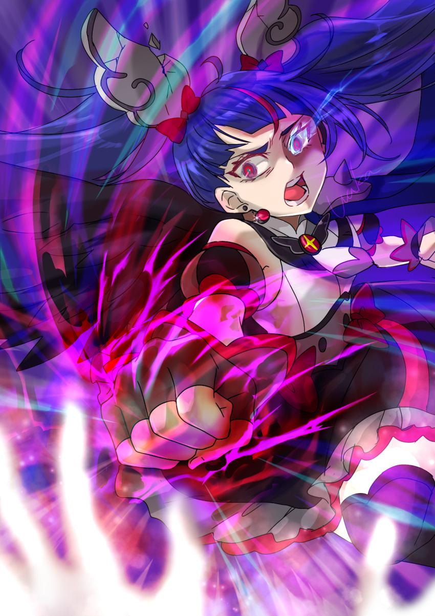 1girl 1other armor black_dress black_gloves black_wings blue_hair blue_thighhighs blurry blurry_foreground bow brooch clenched_hand commentary corruption cure_sky cut_bangs dark_cure_sky dark_persona depth_of_field detached_sleeves dress dress_bow earrings energy feathered_wings fingerless_gloves foreshortening frilled_dress frills frown gloves glowing glowing_eyes highres hirogaru_sky!_precure jewelry long_hair looking_at_viewer magical_girl multicolored_hair open_mouth pauldrons pov precure puffy_detached_sleeves puffy_sleeves punching red_bow red_eyes red_hair shoulder_armor single_pauldron sleeveless sleeveless_dress sora_harewataru spiked_pauldrons streaked_hair thighhighs twintails two-tone_dress waka_(negronoir) white_dress wing_brooch wing_hair_ornament wings