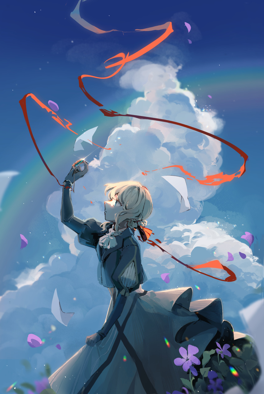 1girl absurdres blonde_hair blue_background blue_sky closed_mouth cloud cumulonimbus_cloud dress falling_petals flower gloves grey_dress grey_gloves hair_bun hand_up highres juliet_sleeves light_particles lizzu long_sleeves petals profile puffy_sleeves purple_flower rainbow red_ribbon ribbon short_hair sidelocks sky solo sparkle standing violet_evergarden violet_evergarden_(series)