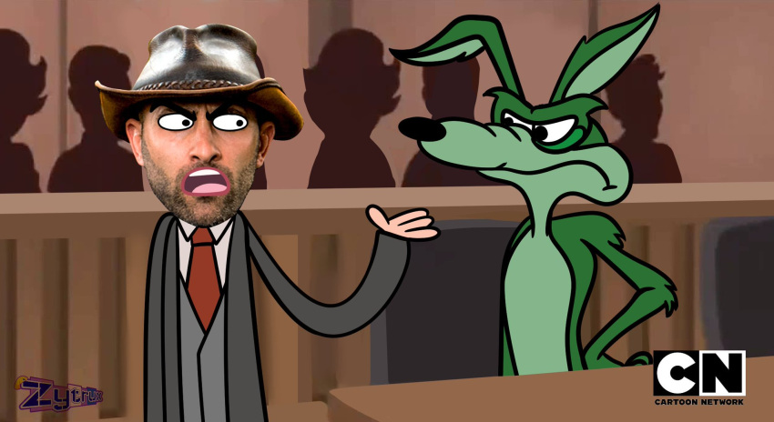 canid canine canis cartoon_network clothing coyote coyote_peterson coyote_vs._acme duo fake_screencap green_body green_skin hat headgear headwear hi_res human looney_tunes mad_(series) male mammal parody standing warner_brothers wile_e._coyote youtube youtuber zytrux_1
