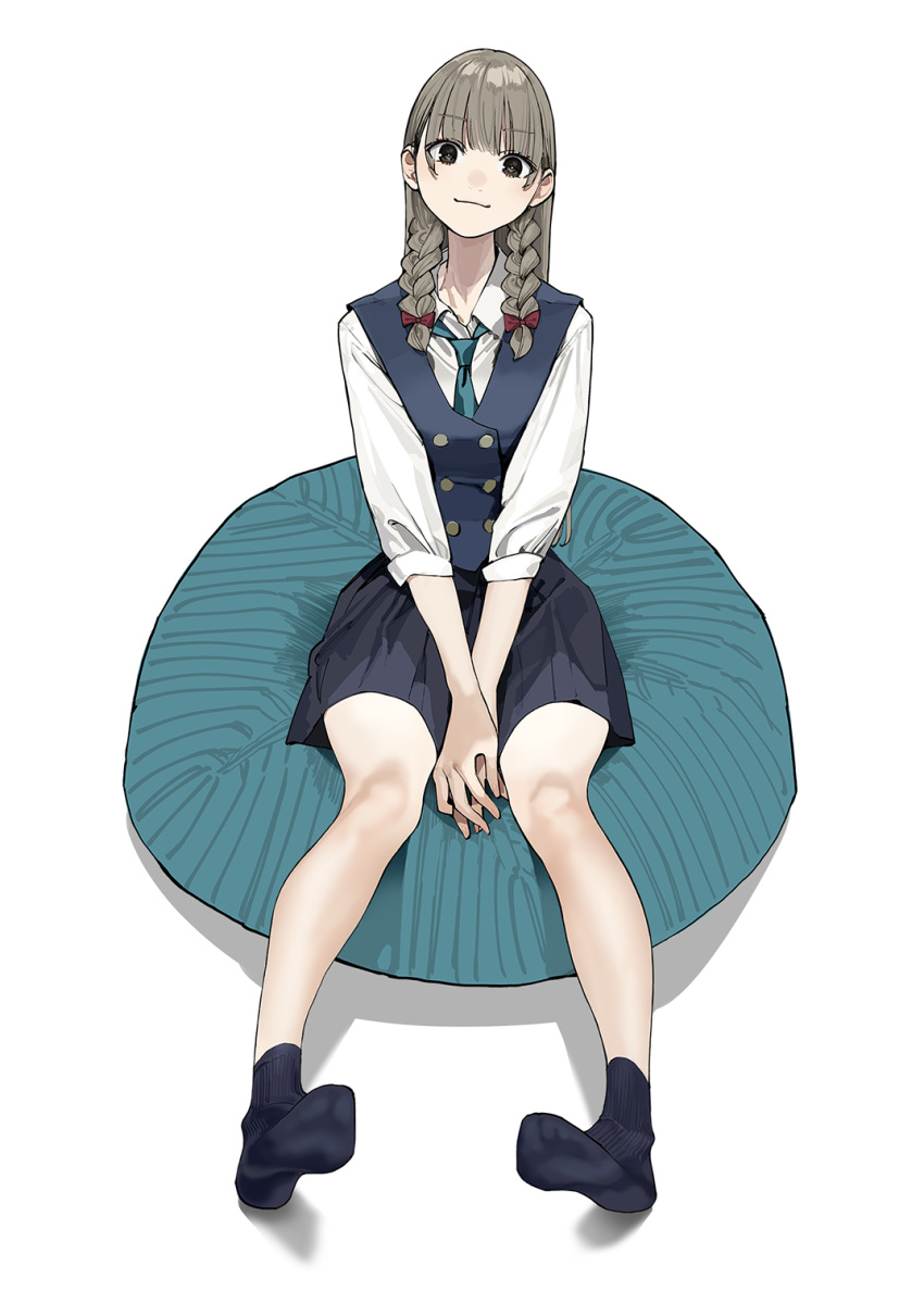 1girl aqua_necktie between_legs blue_sky blue_socks blue_vest blunt_bangs bow braid brown_hair buttons closed_mouth collared_shirt commentary double-breasted feet full_body grey_eyes hair_bow hand_between_legs highres imasara_desu_ga_osananajimi_wo_suki_ni_natte_shimaimashita legs long_hair long_sleeves looking_at_viewer miniskirt necktie no_shoes official_art pleated_skirt red_bow ribbed_socks second-party_source shadow shirasaka_hikari shirt simple_background sitting skirt sky smile socks soles solo toes vest white_background white_shirt yomu_(sgt_epper)